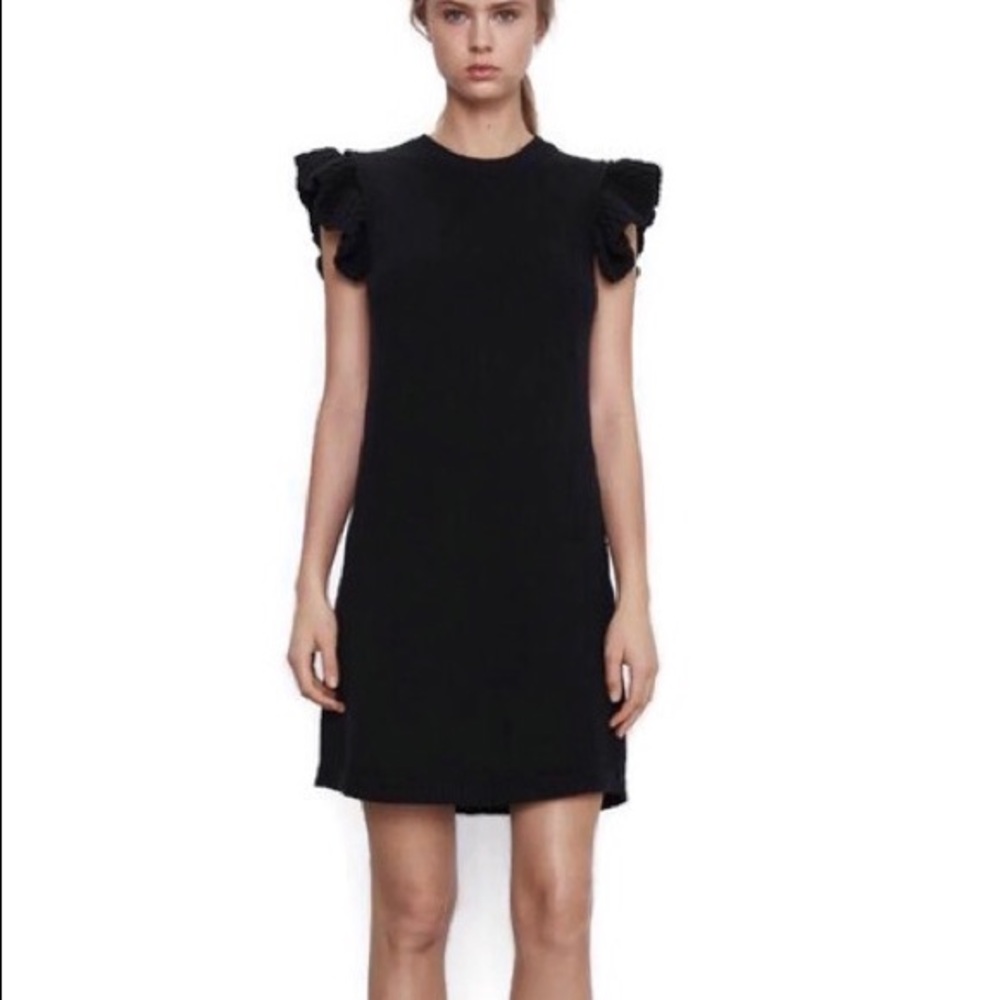 NWT Zara Heavy Knit Ruffle Sleeve Black Mini Dress